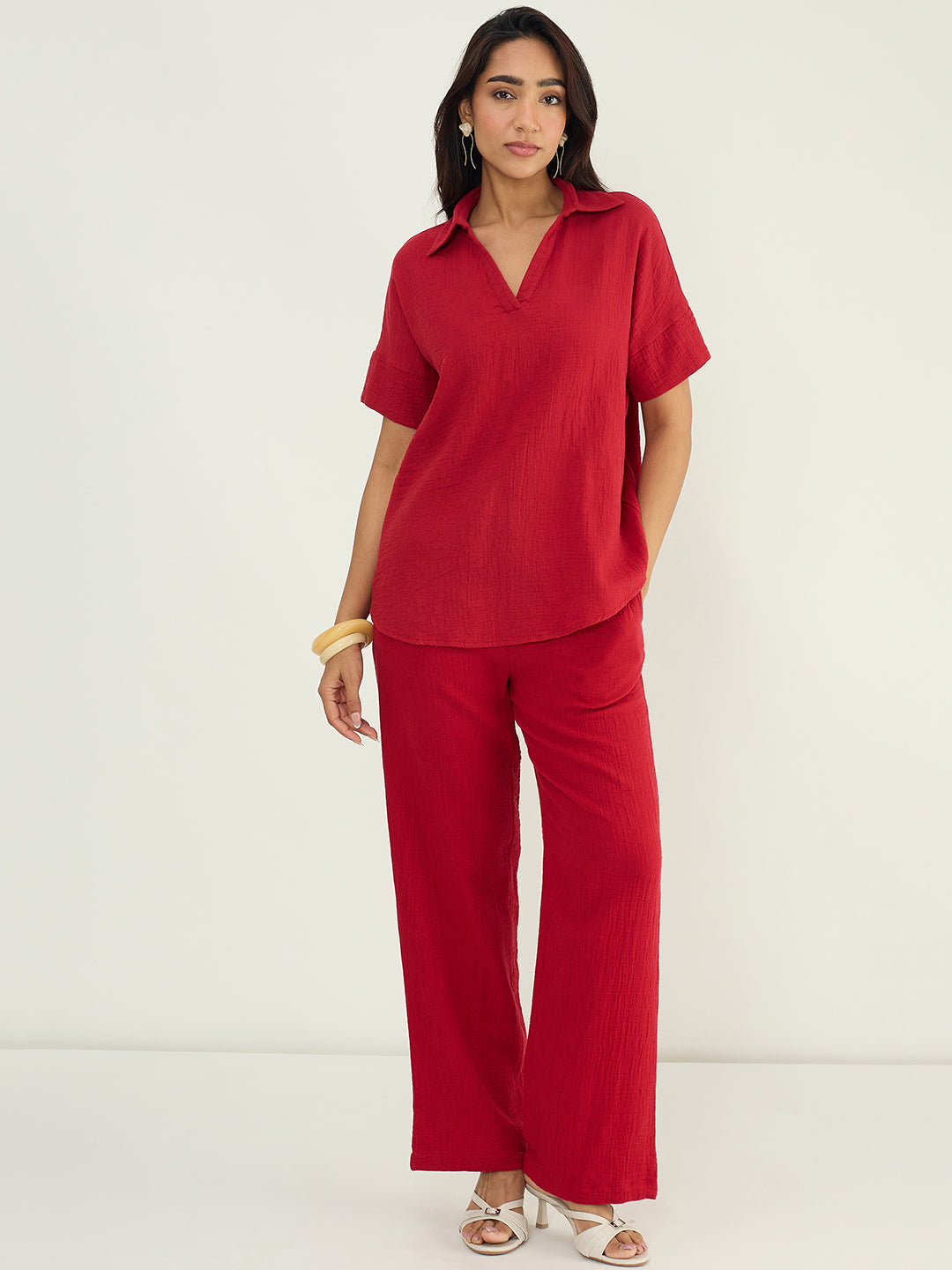 Deep Red Cotton Gauze Collared Co-Ord Set