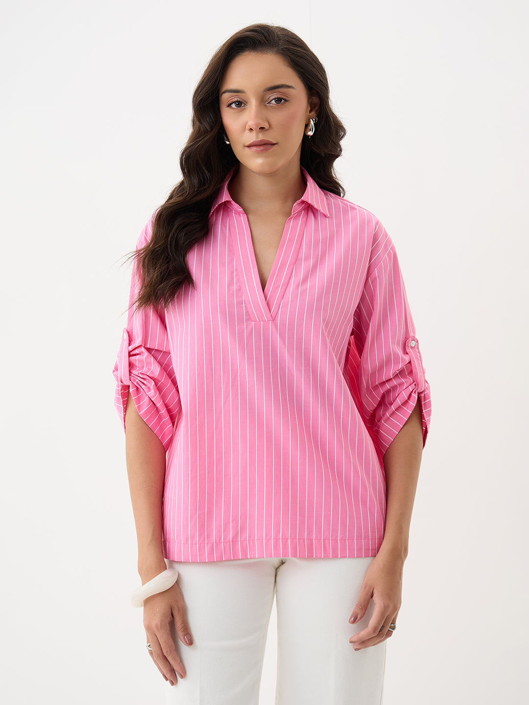 Pink Stripe Collared Oversized Top