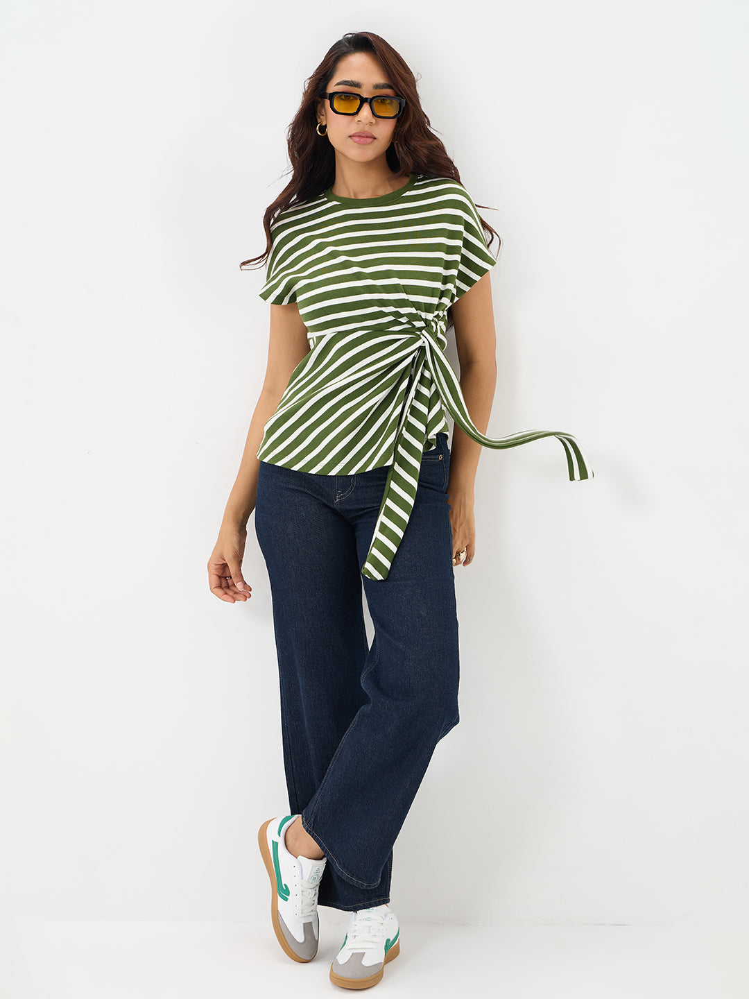 Olive Cotton Stripe Tie-Up T-Shirt