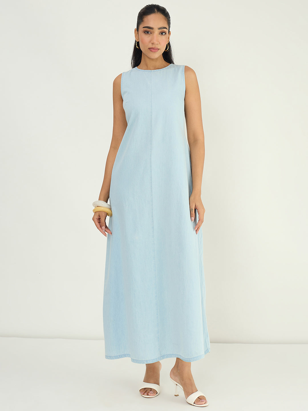 DenimLite Light Blue A-line Maxi Dress
