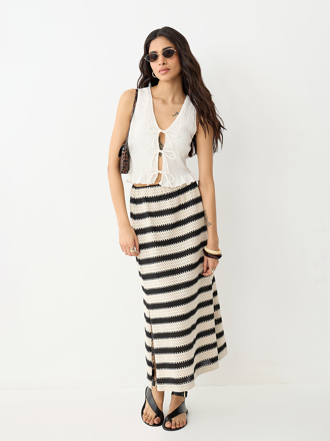 Black Stripe Crochet Ankle Length Skirt