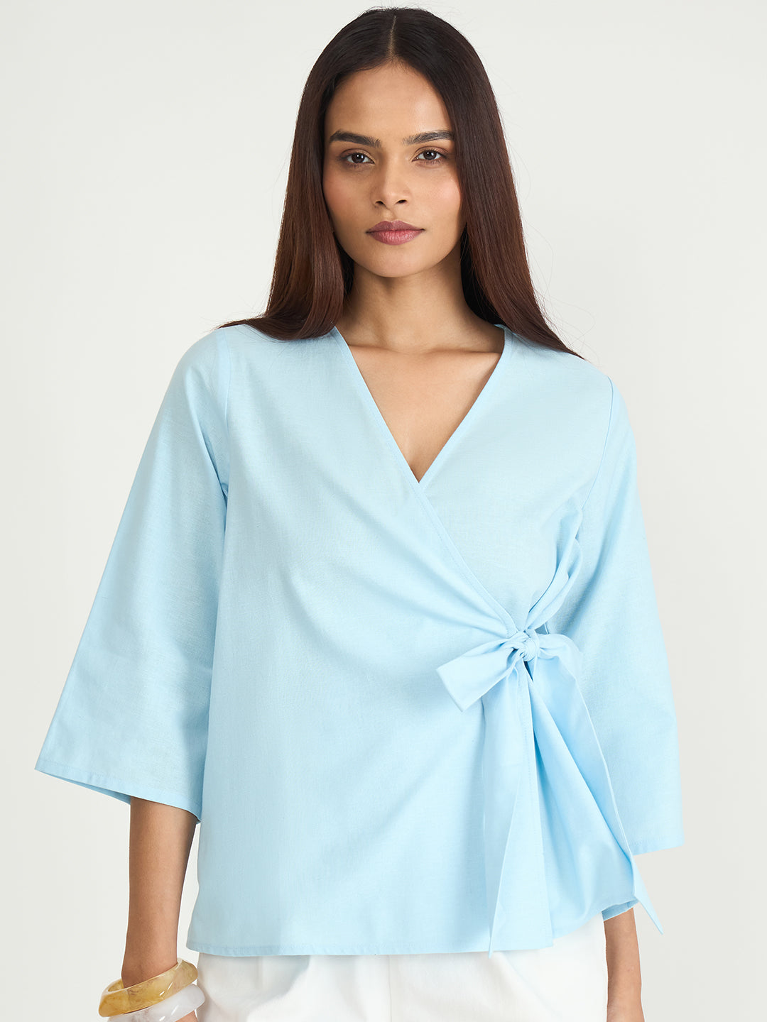 Light Blue Cotton Linen Wrap Top