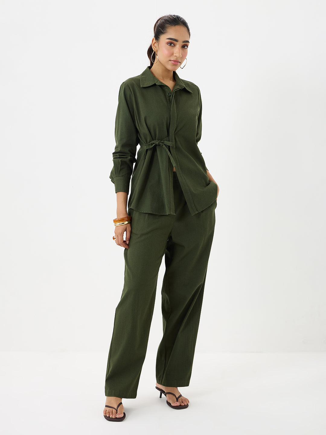 Olive Twill Tie-Up Shirt Co-Ord