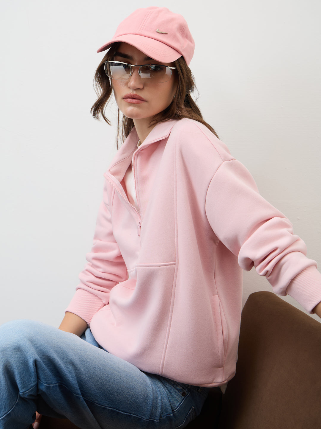 Powder Pink Half Zipper Fleece Sweatshirt