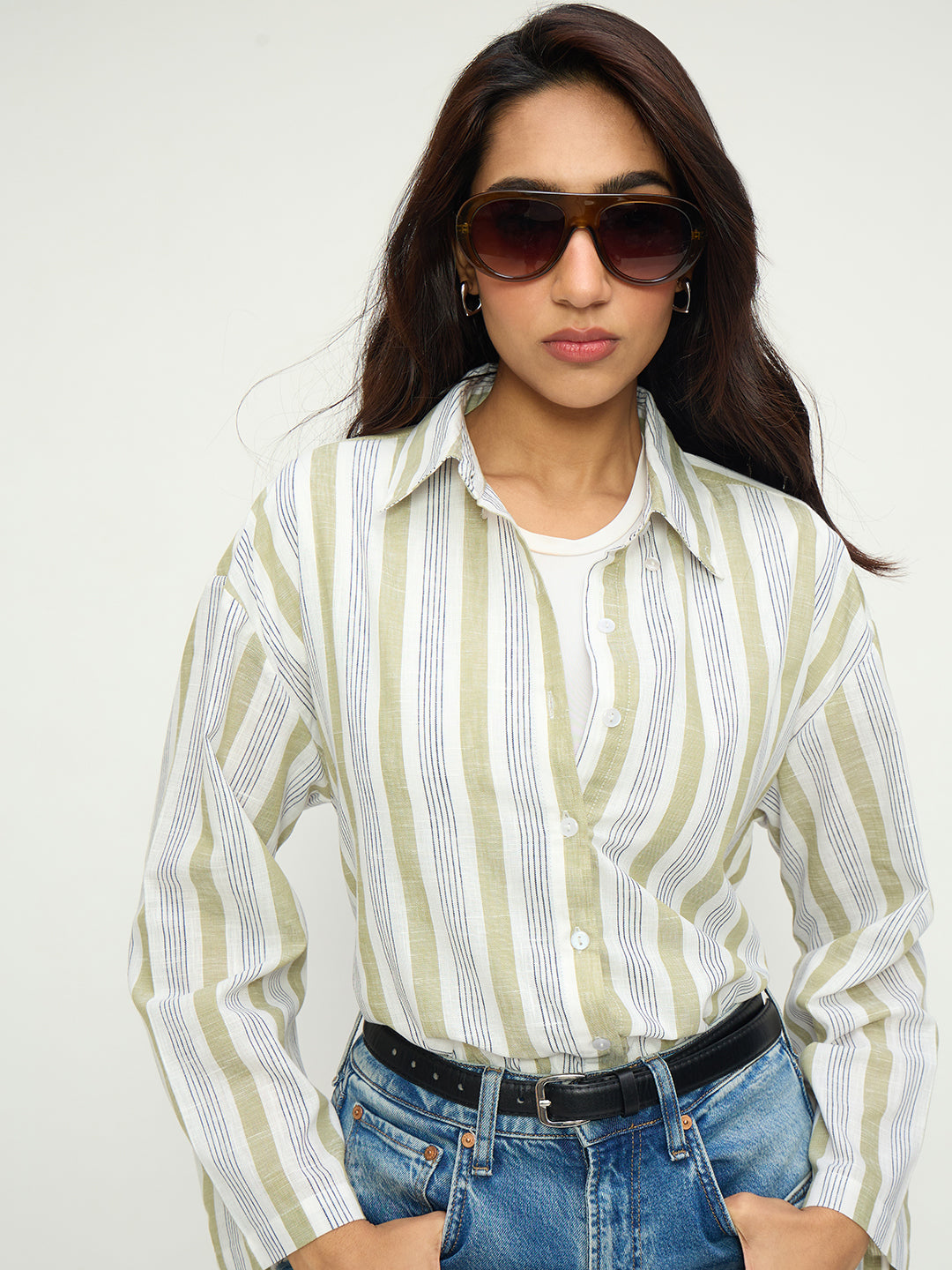 Olive Stripe Cotton Linen Oversized Longline Shirt