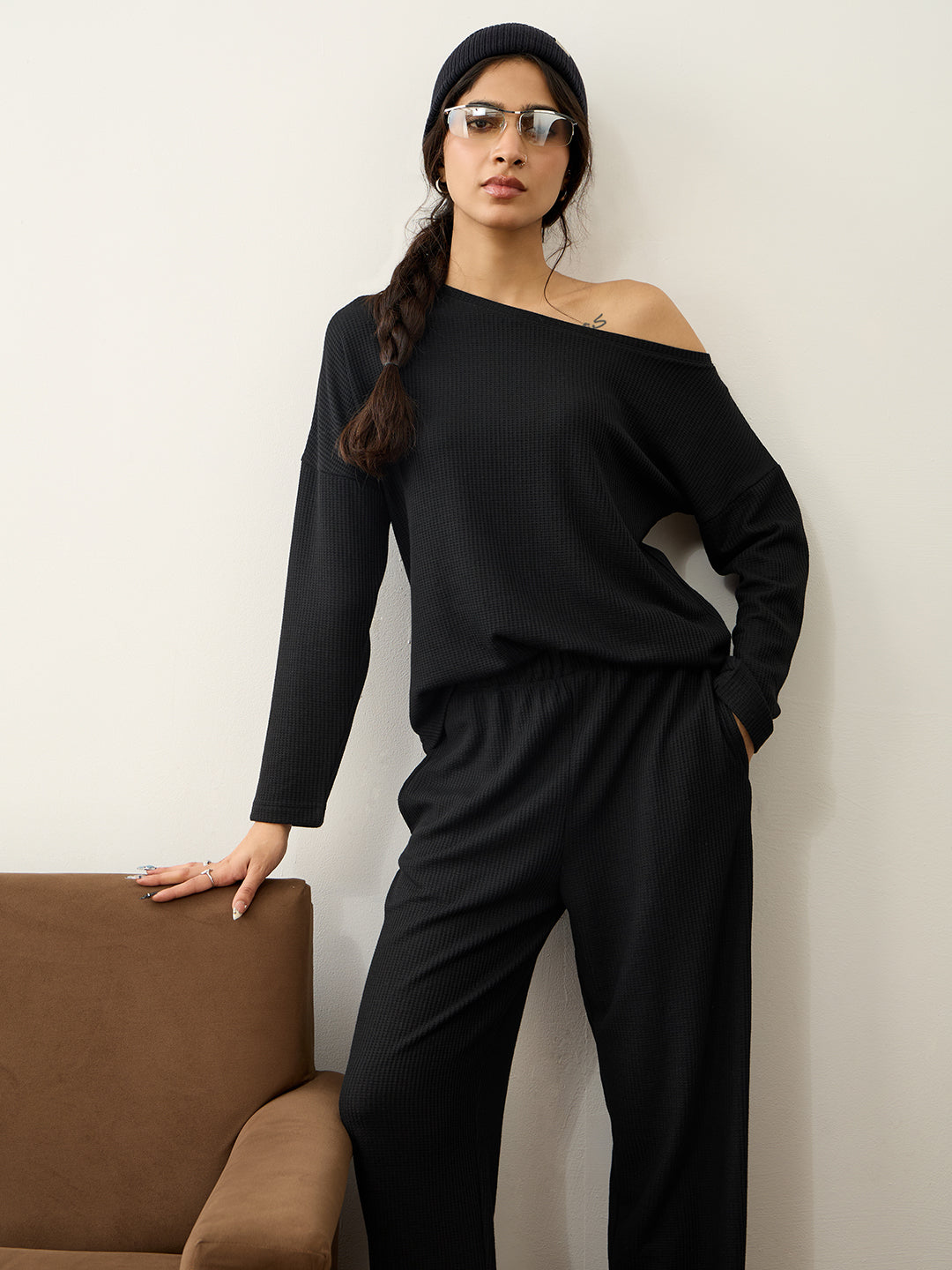 Black Waffle One Shoulder Co-Ord Set
