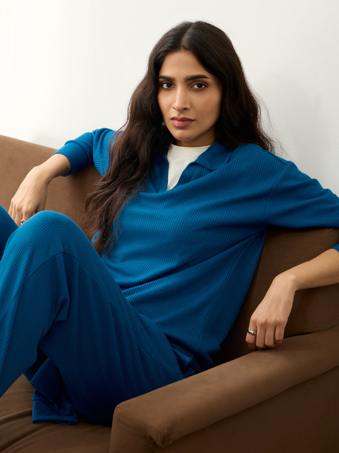 French Blue Waffle Collared Co-Ord Set