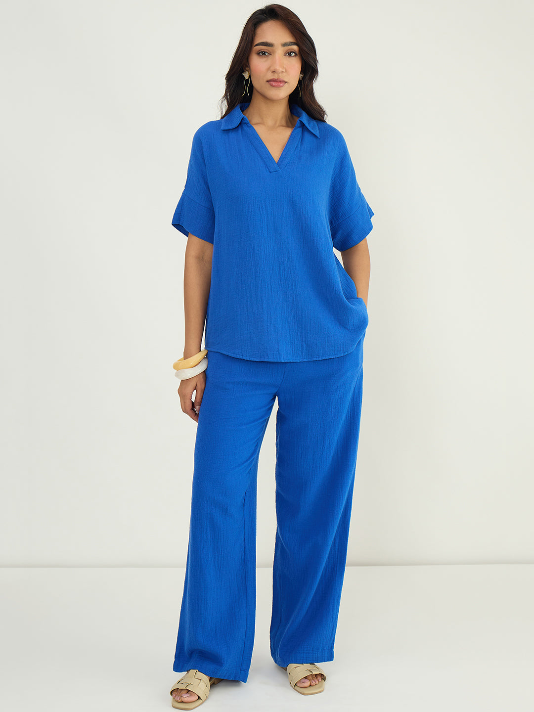 Royal Blue Cotton Gauze Collared Co-Ord Set