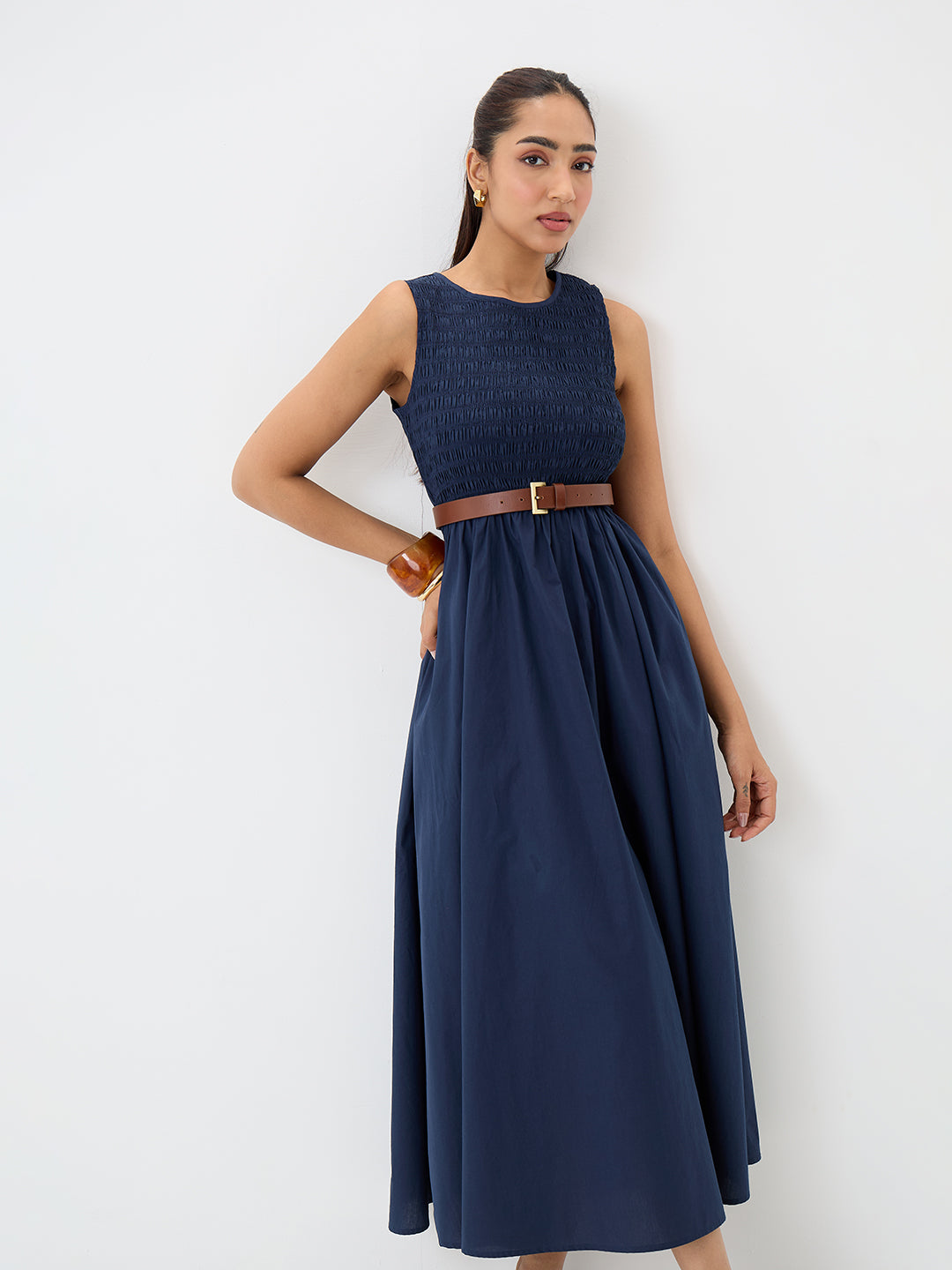 PaperLite Poplin Navy Smocked Maxi Dress
