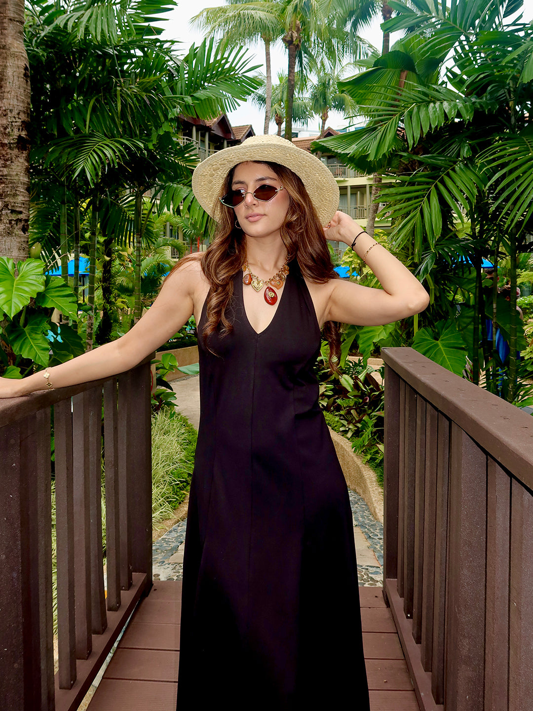 Black Knit Tie-Up Neck Maxi Dress