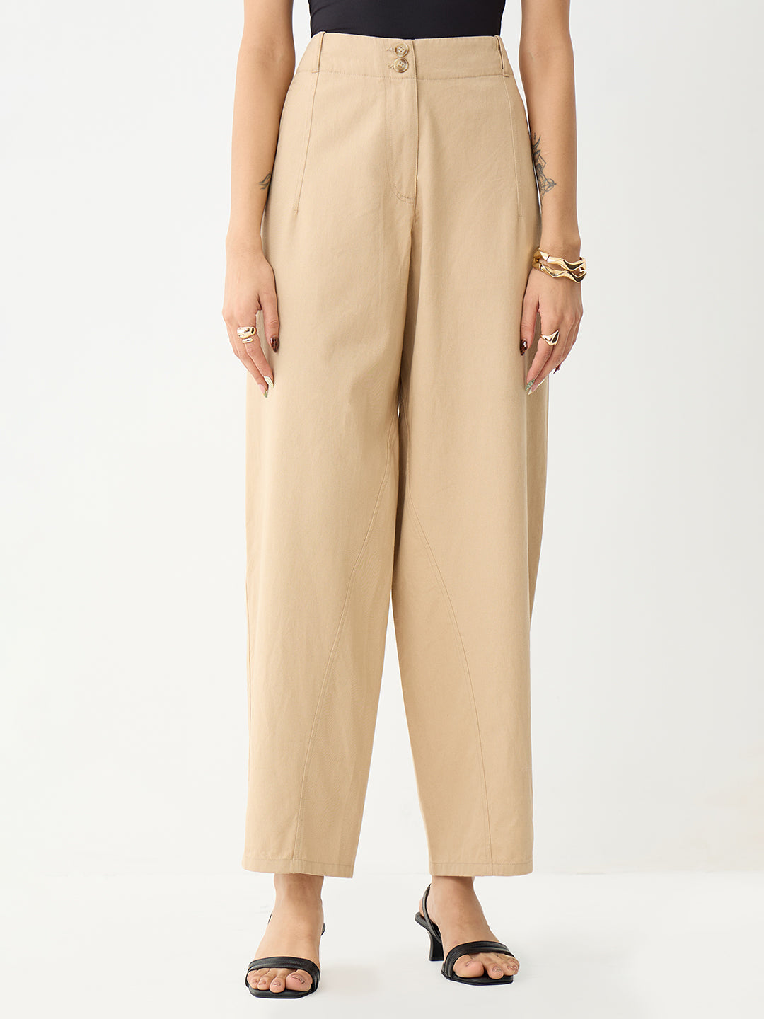 Beige Barrel Fit Pants