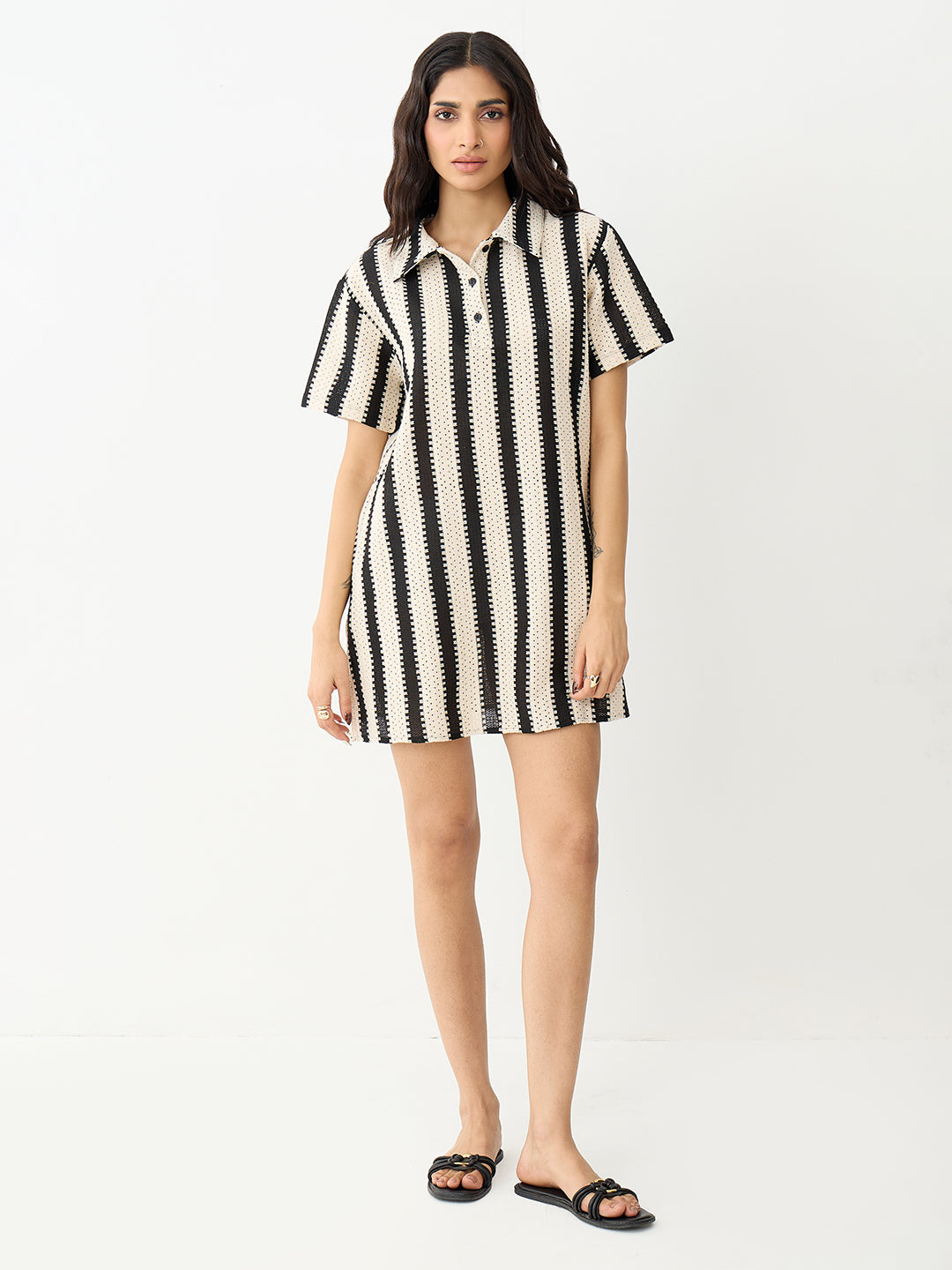 Black Stripe Crochet Mini Dress