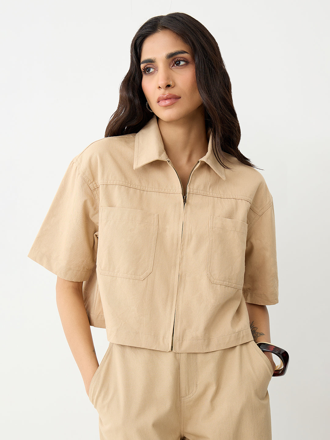 Beige Zip-Up Crop Shirt
