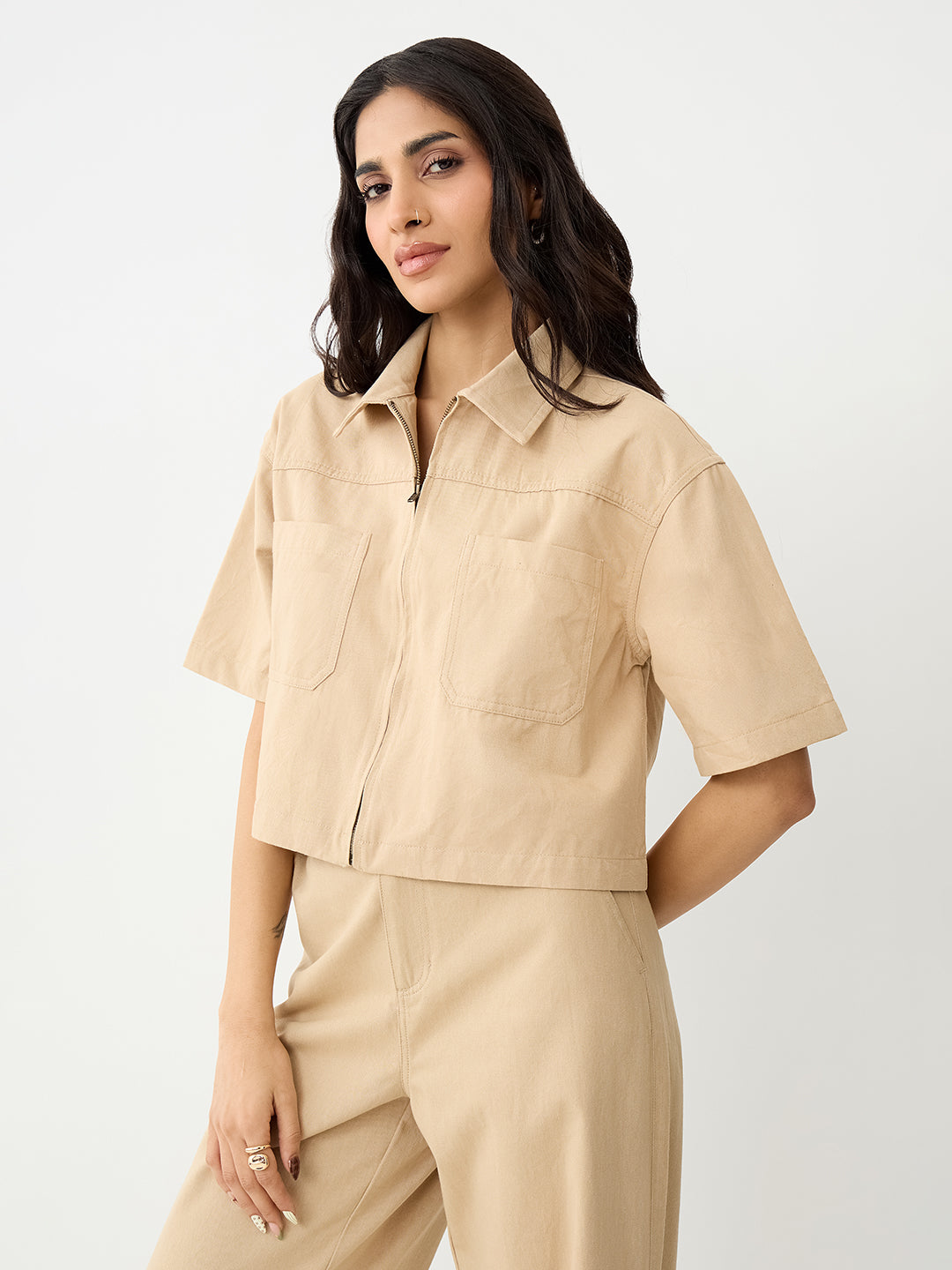 Beige Zip-Up Crop Shirt