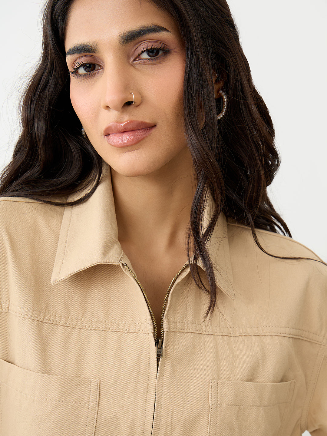 Beige Zip-Up Crop Shirt