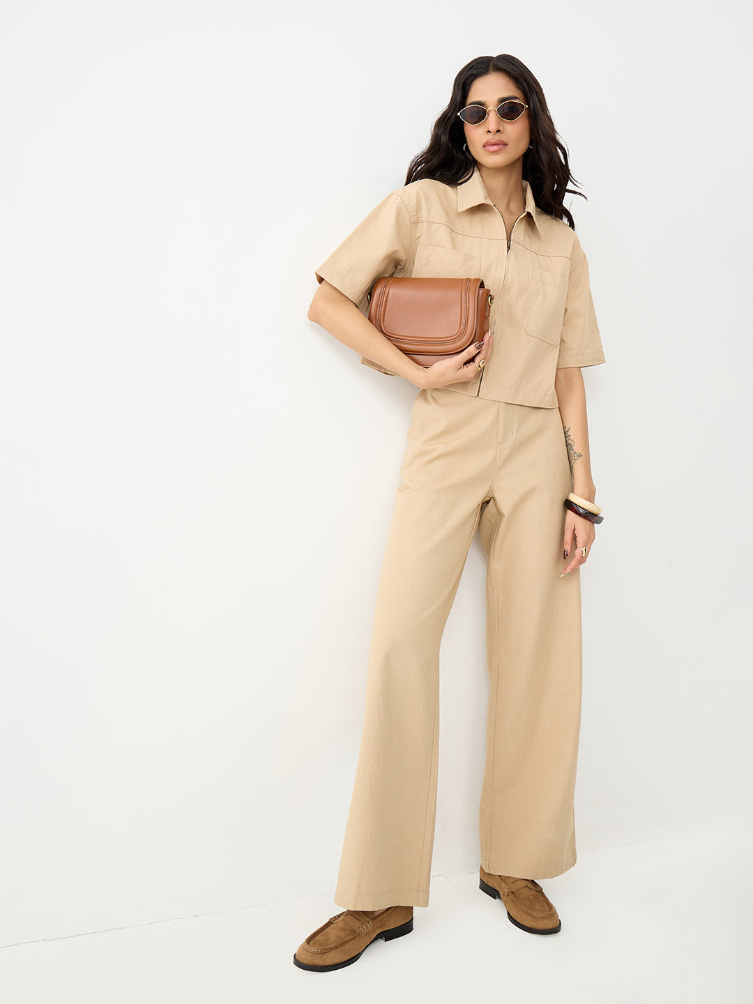 Beige Zip-Up Crop Shirt