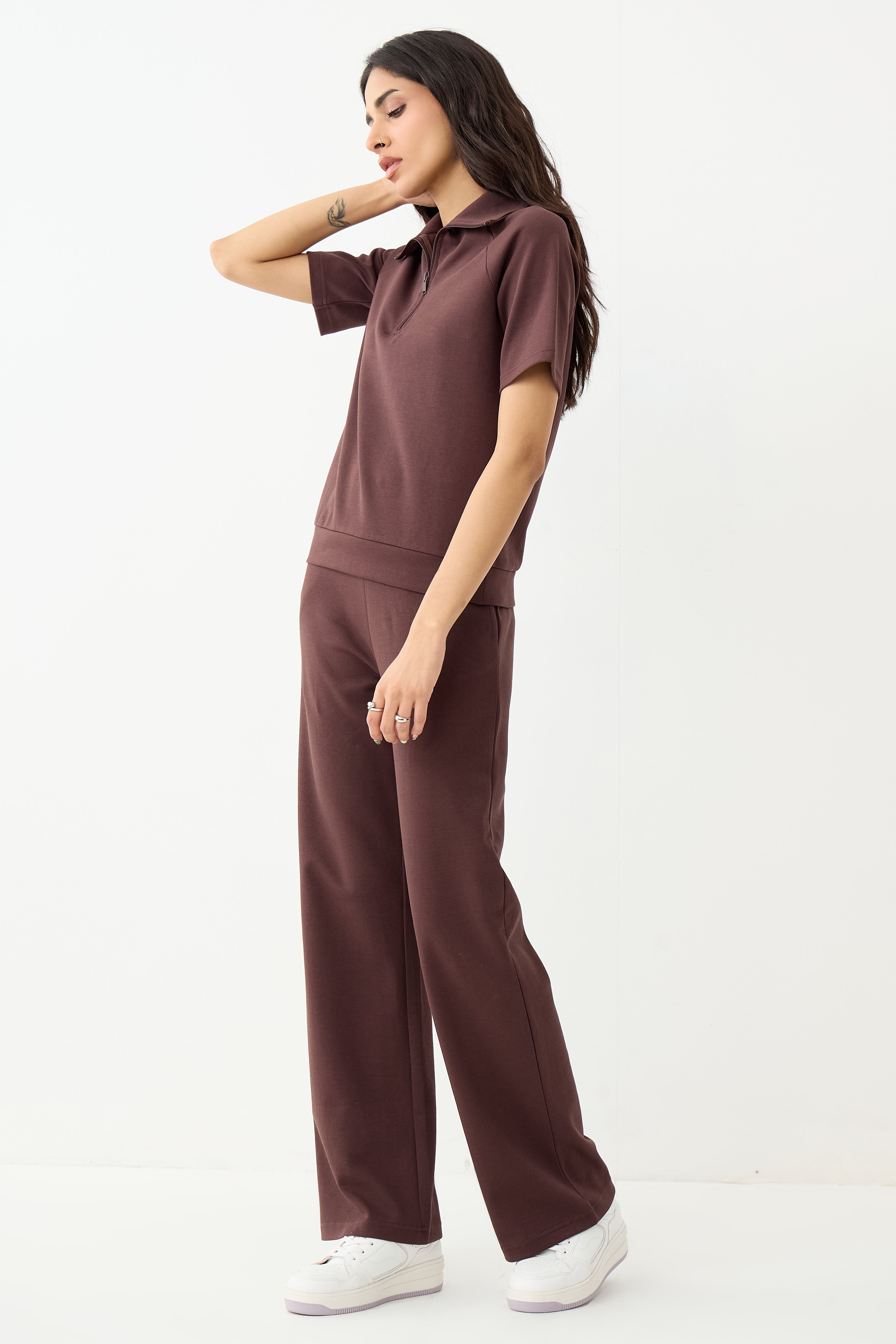 Coffee Brown Tonal Zip Knit Co-Ord