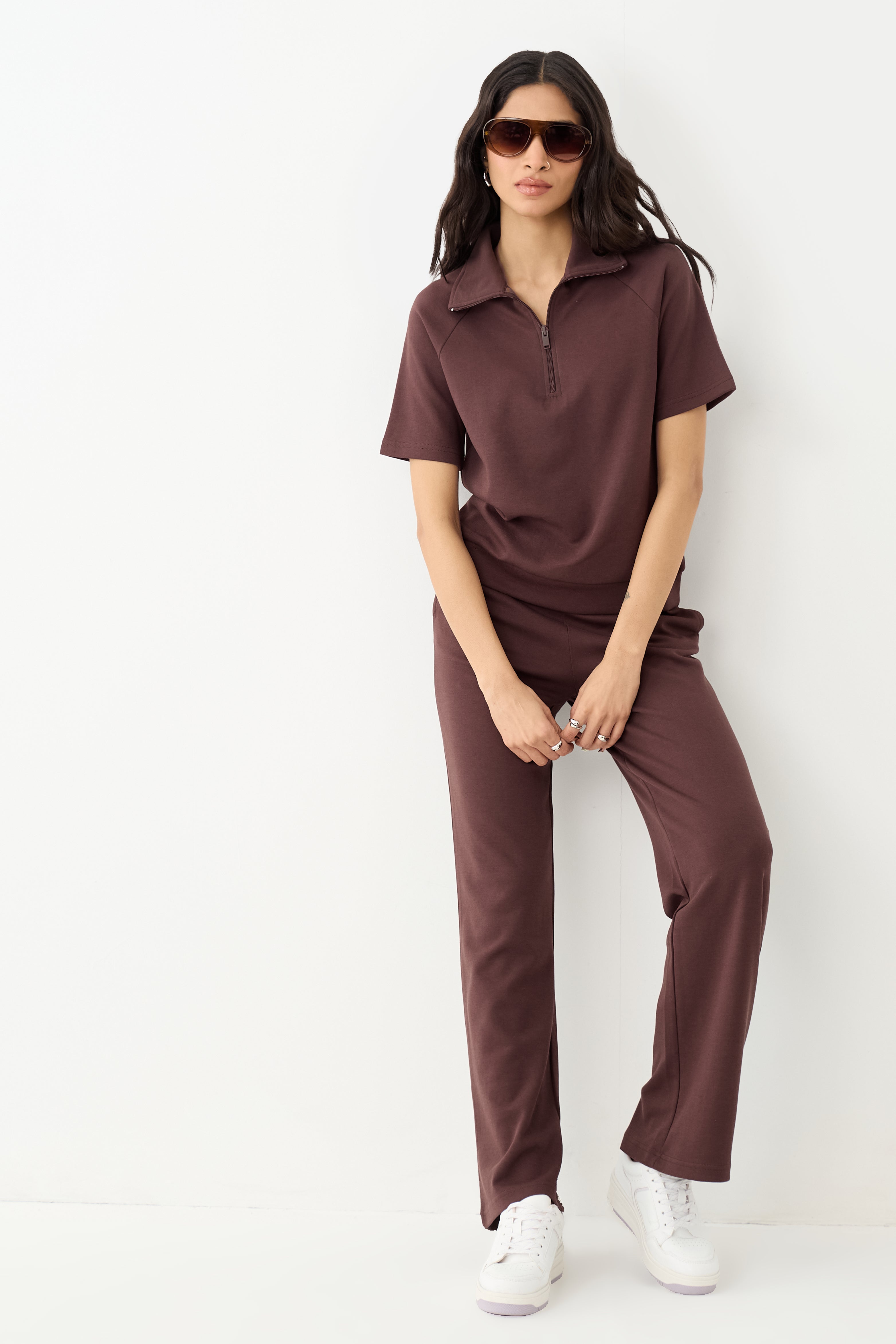 Coffee Brown Tonal Zip Knit Co-Ord