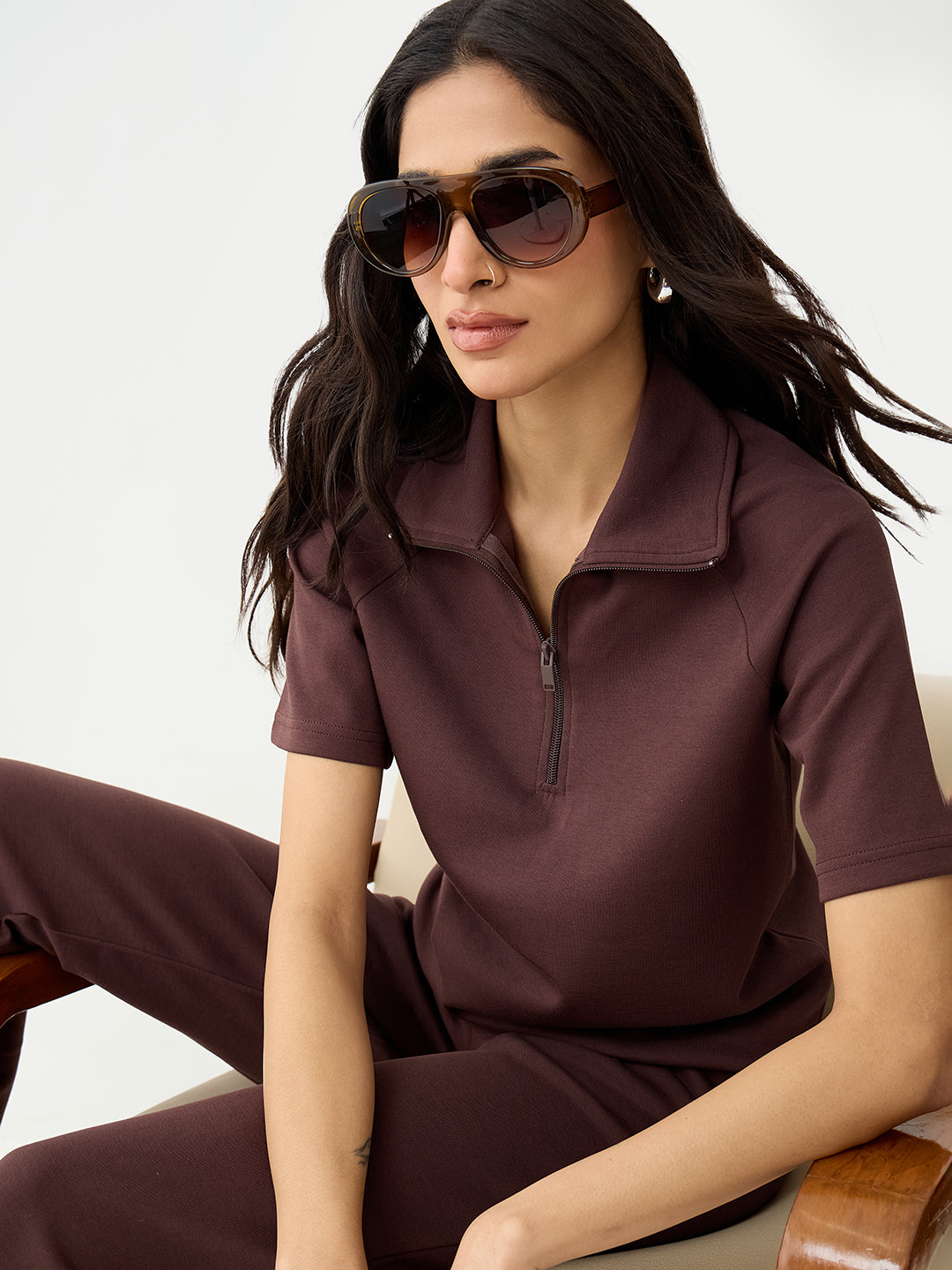 Coffee Brown Tonal Zip Knit Co-Ord