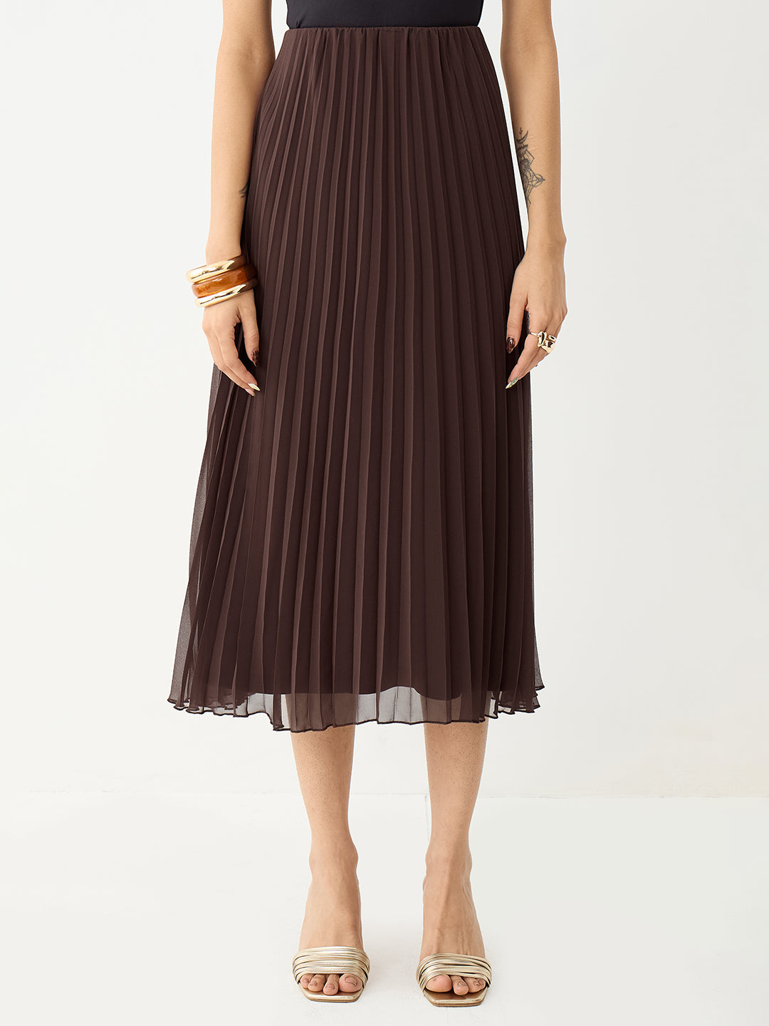 Brown Pleated Midi Skirt