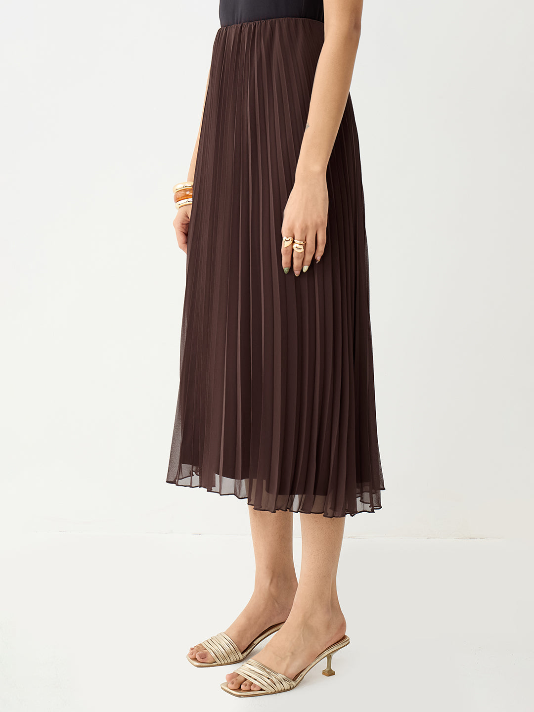 Brown Pleated Midi Skirt