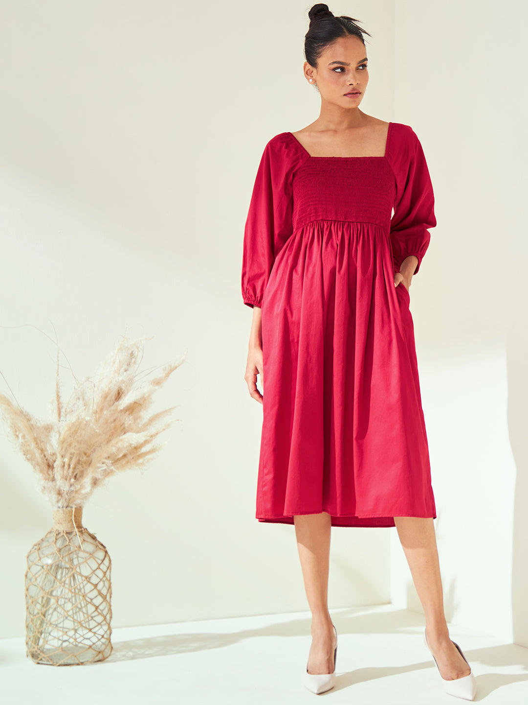 Red Cotton Smocked Midi Dress