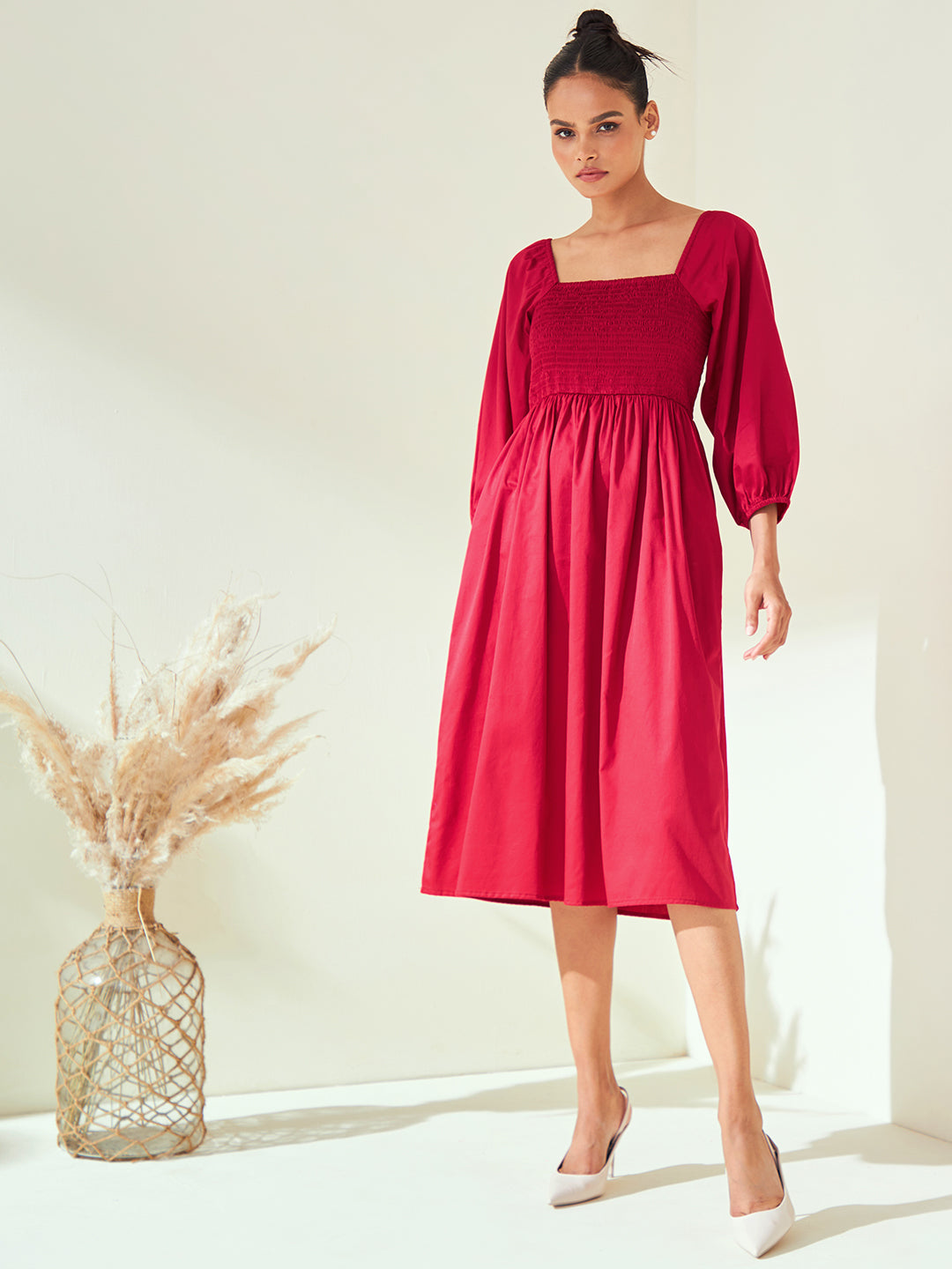 Red Cotton Smocked Midi Dress