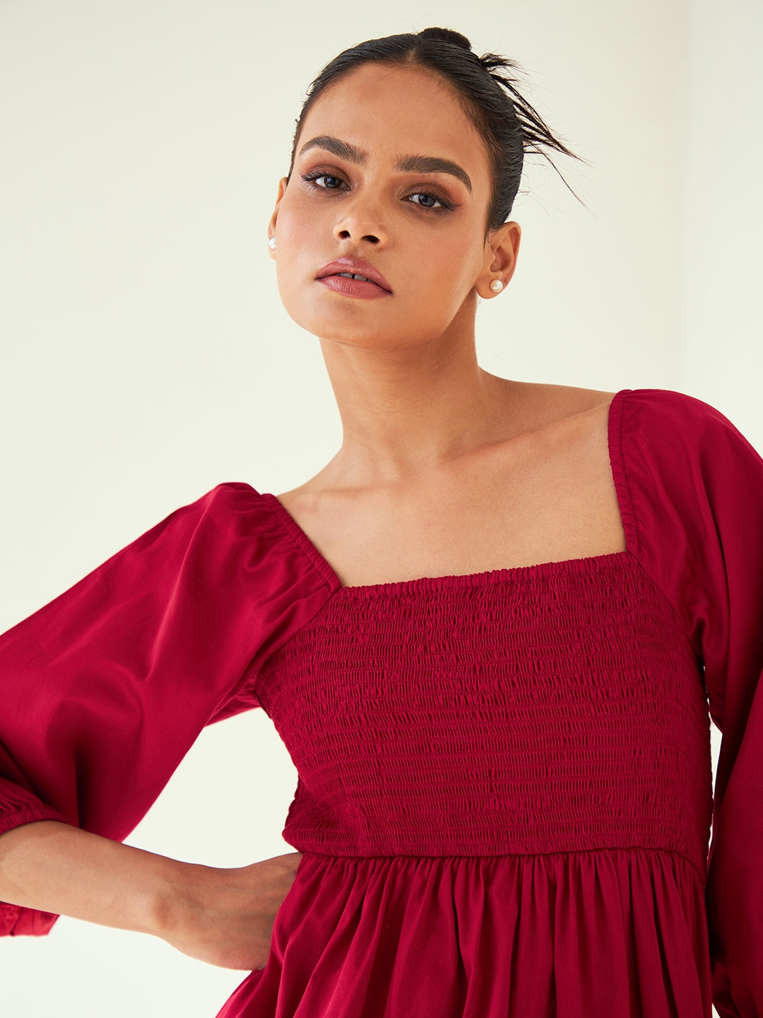 Red Cotton Smocked Midi Dress