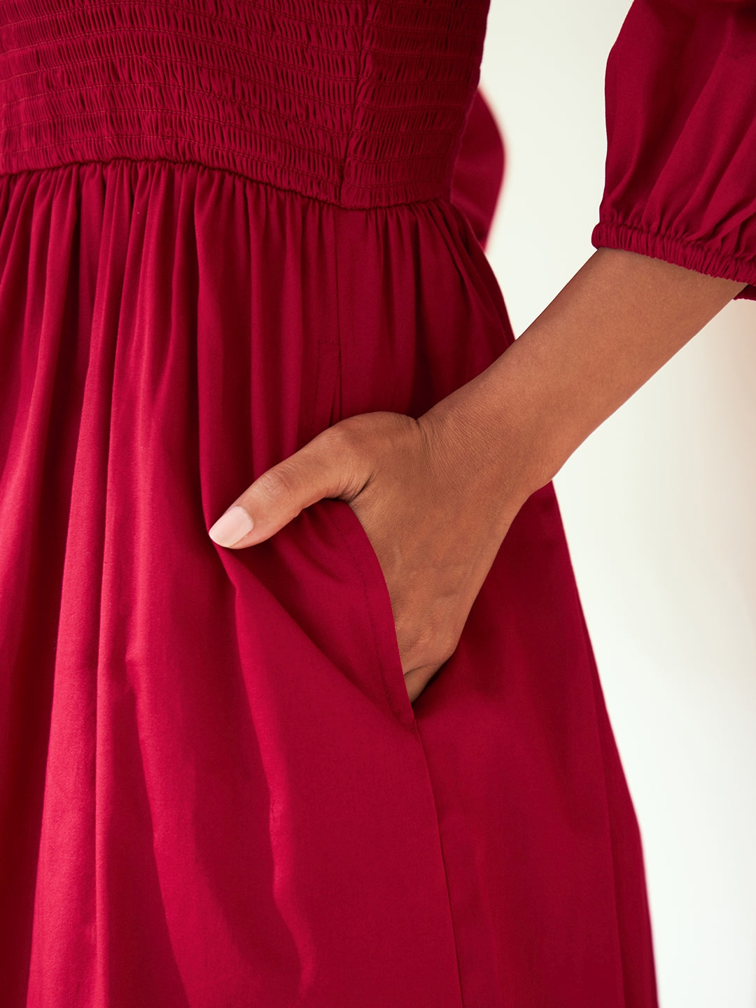 Red Cotton Smocked Midi Dress