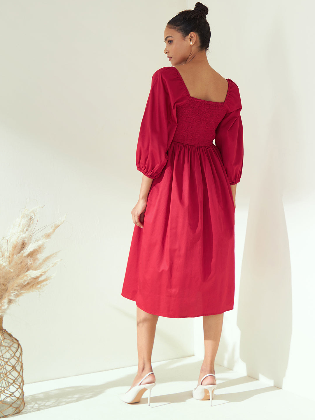 Red Cotton Smocked Midi Dress