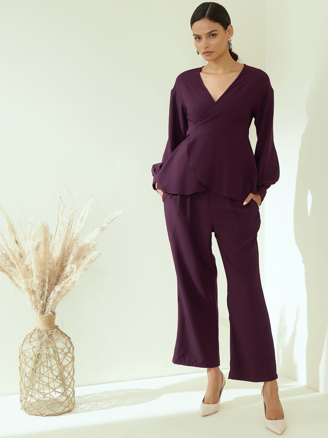 Wine Solid Peplum Co-Ord Set
