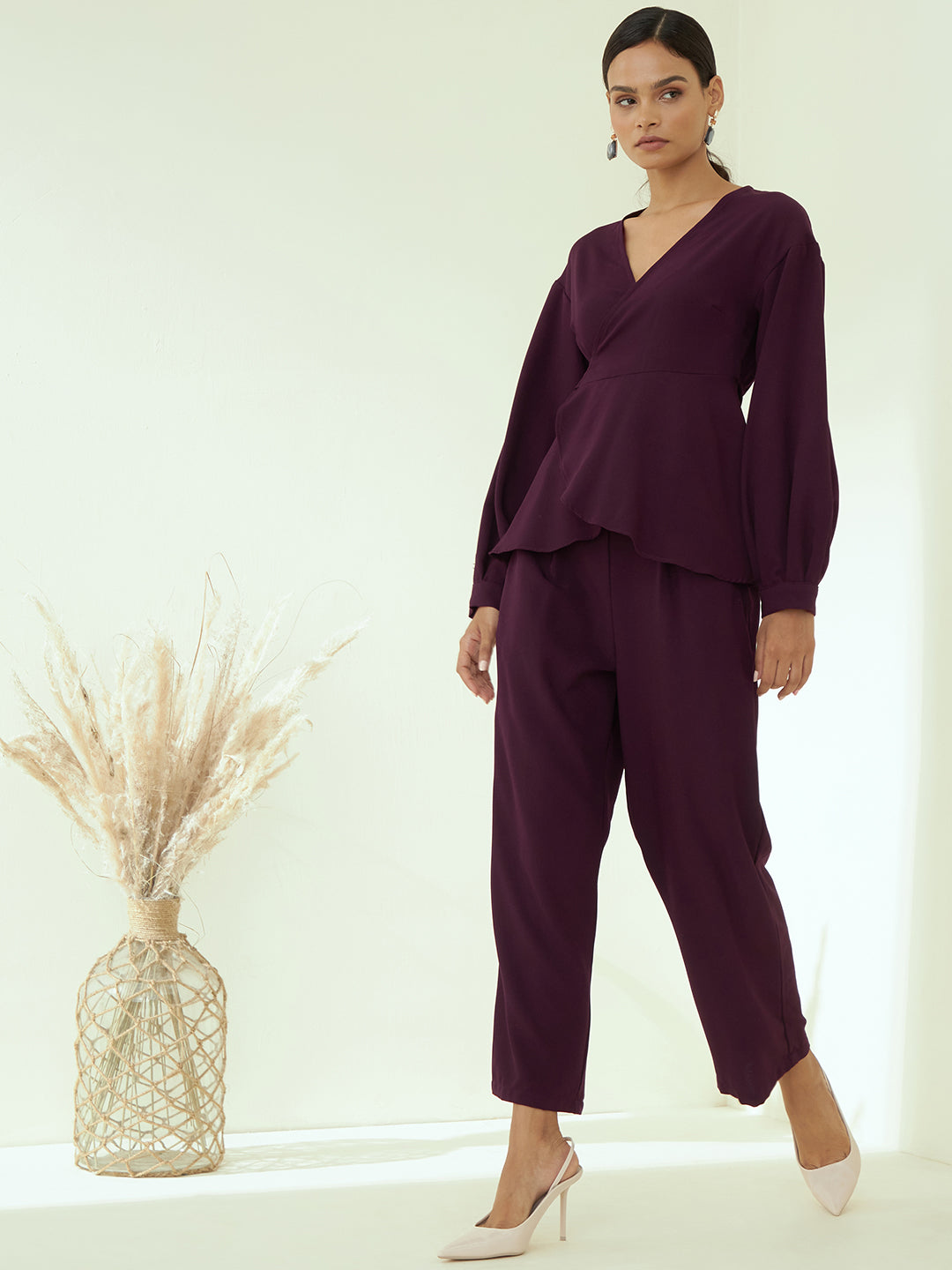 Wine Solid Peplum Co-Ord Set