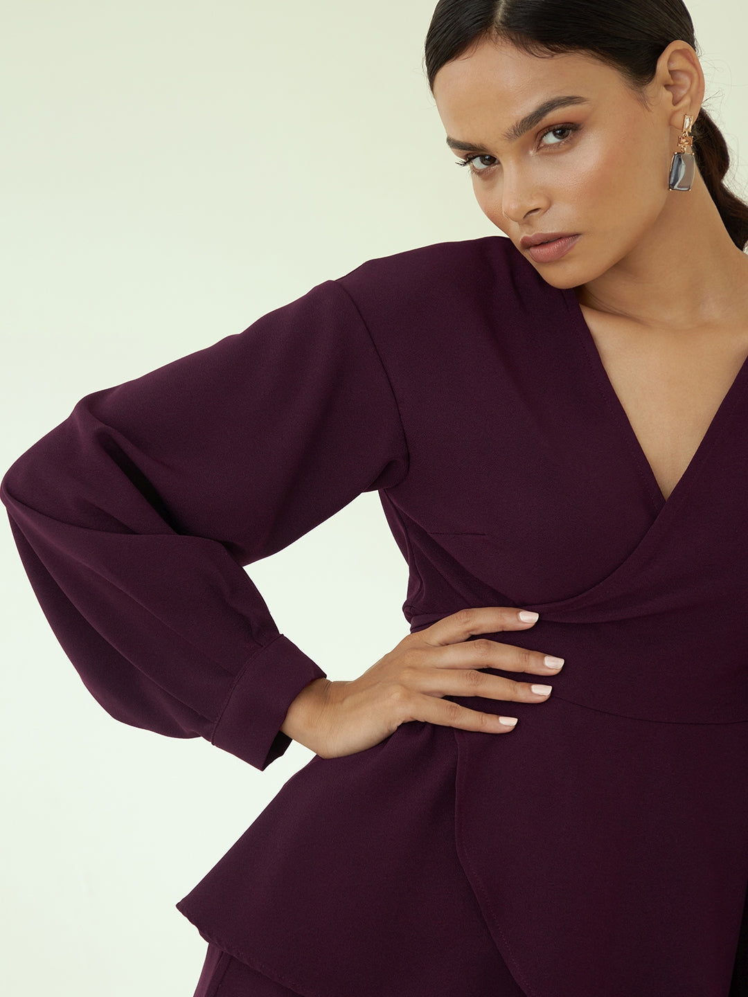 Wine Solid Peplum Co-Ord Set