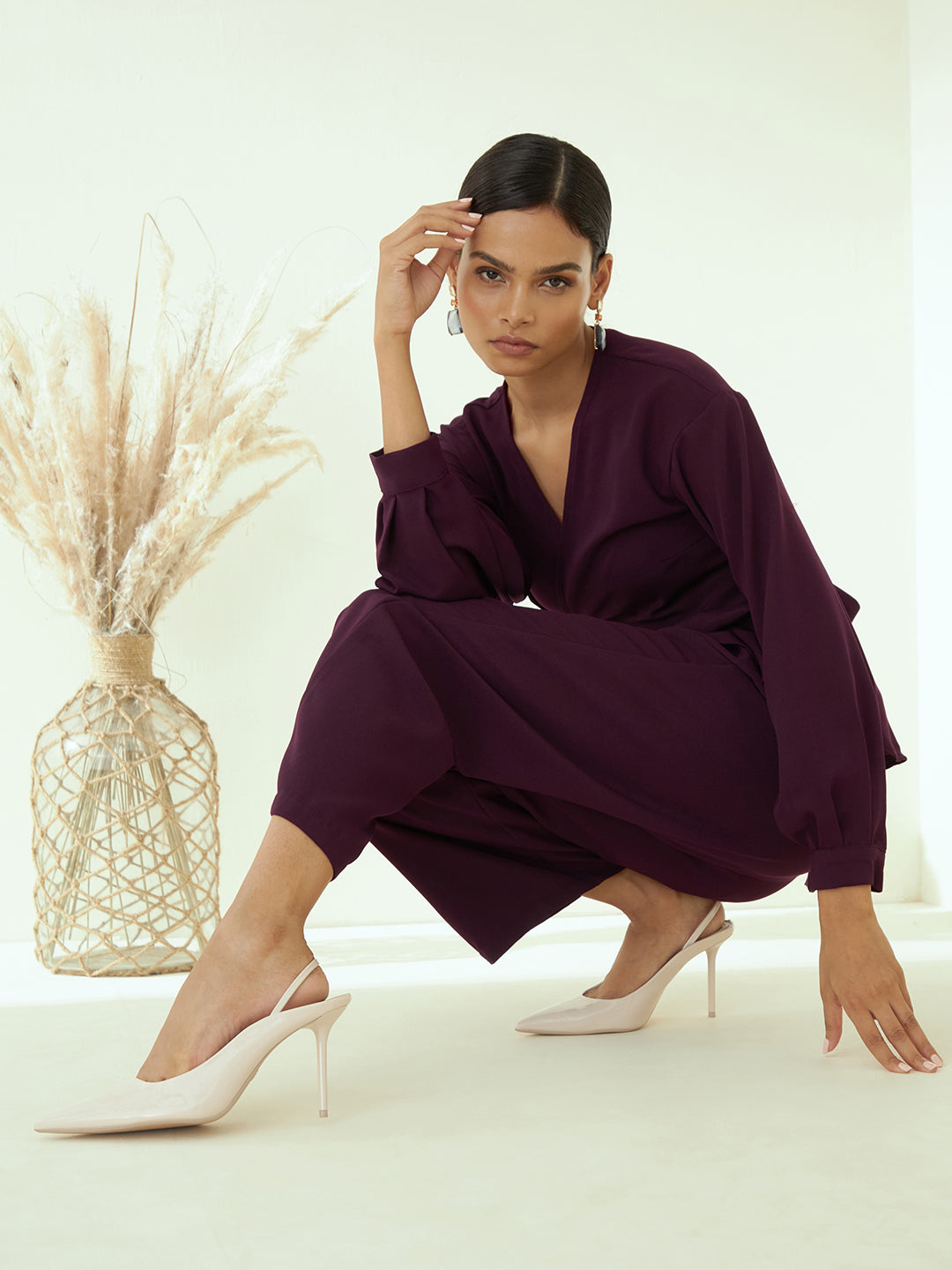 Wine Solid Peplum Co-Ord Set