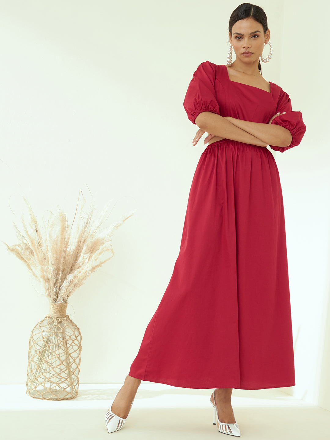 Red Cotton Cut Out Maxi Dress