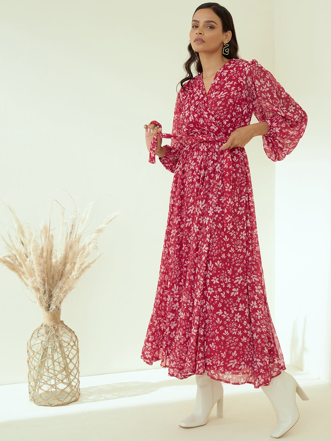 Red Floral Printed Wrap Maxi Dress