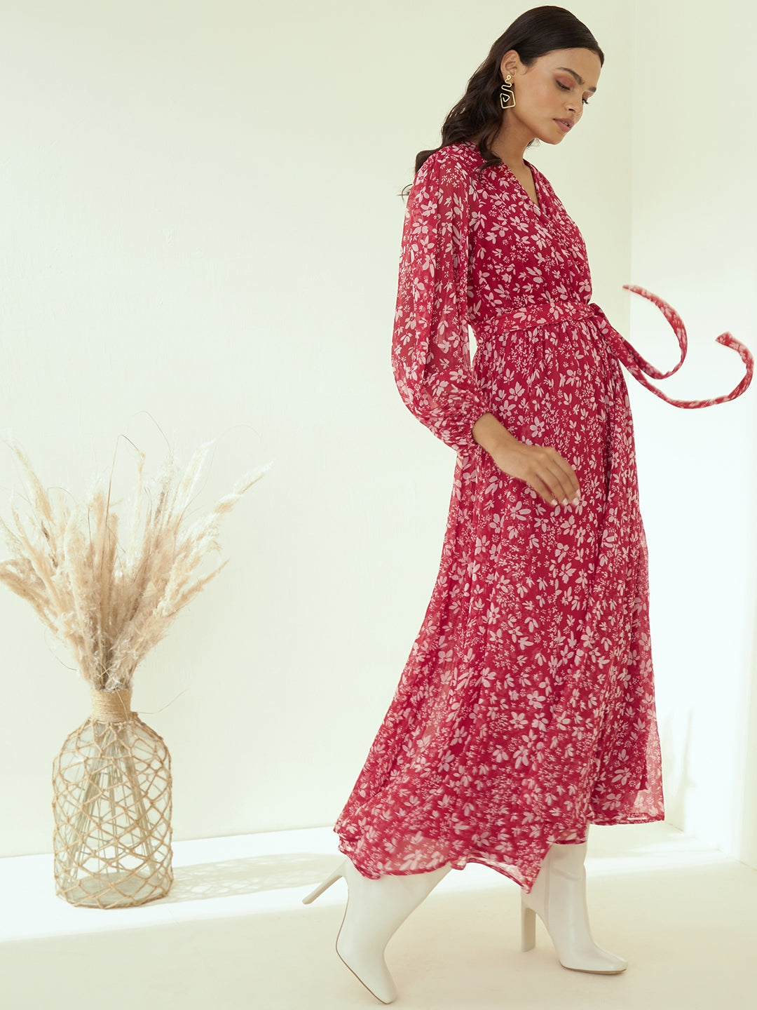 Red Floral Printed Wrap Maxi Dress