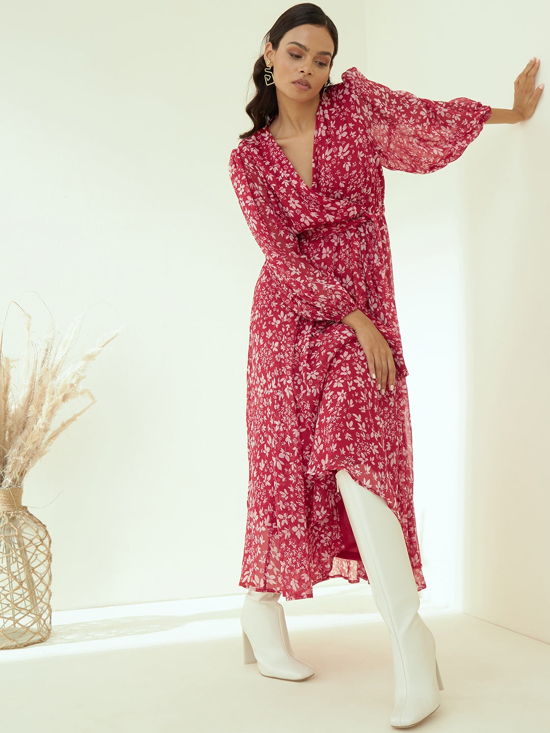 Red Floral Printed Wrap Maxi Dress