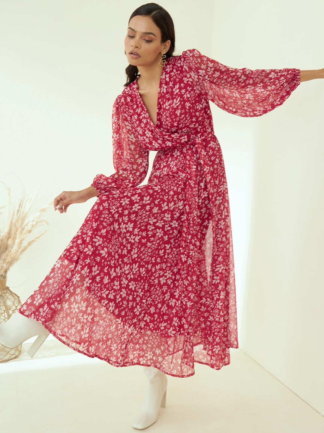 Red Floral Printed Wrap Maxi Dress