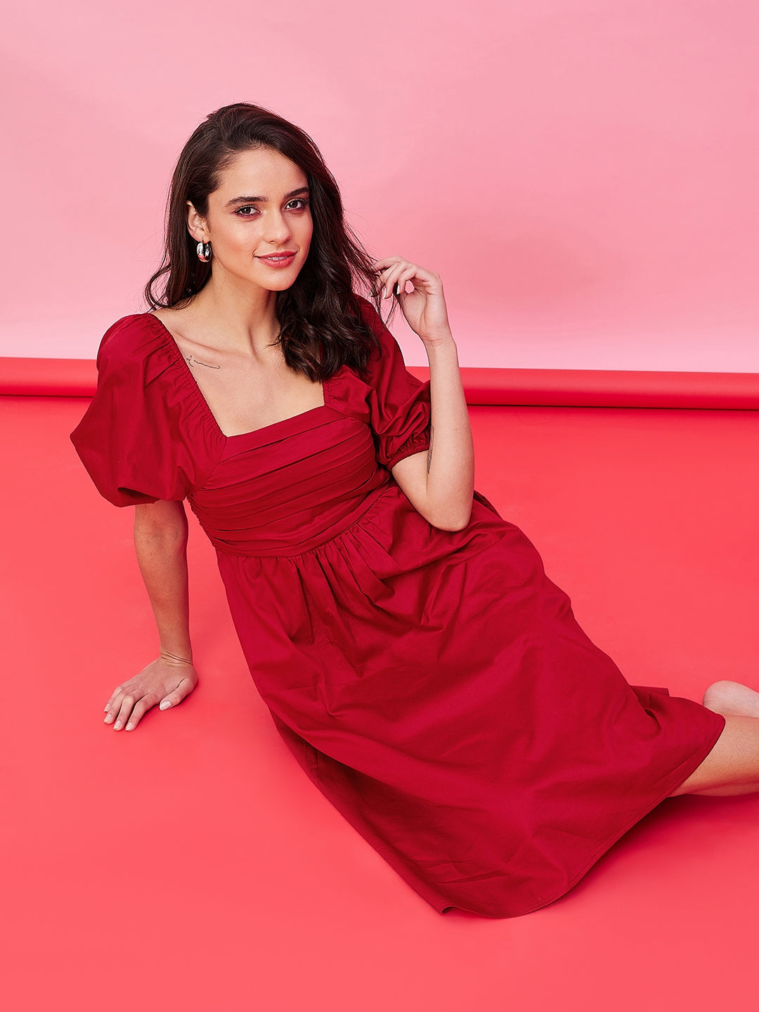 Red Cotton Pleated Bodice Midi Dress