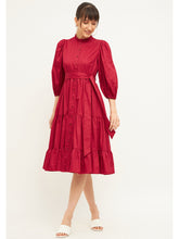 Red Cotton Tiered Fit & Flare Midi Dress