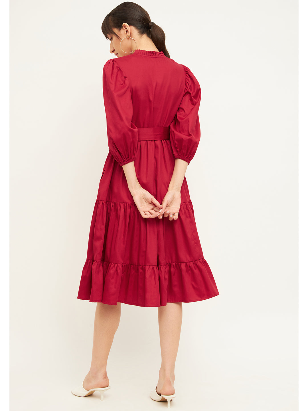 Red Cotton Tiered Fit & Flare Midi Dress