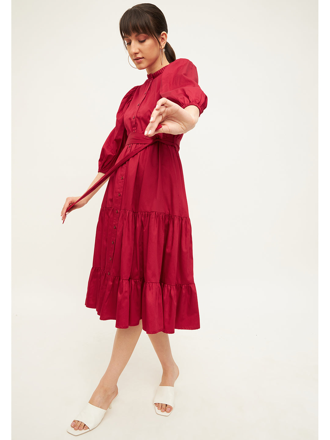 Red Cotton Tiered Fit & Flare Midi Dress