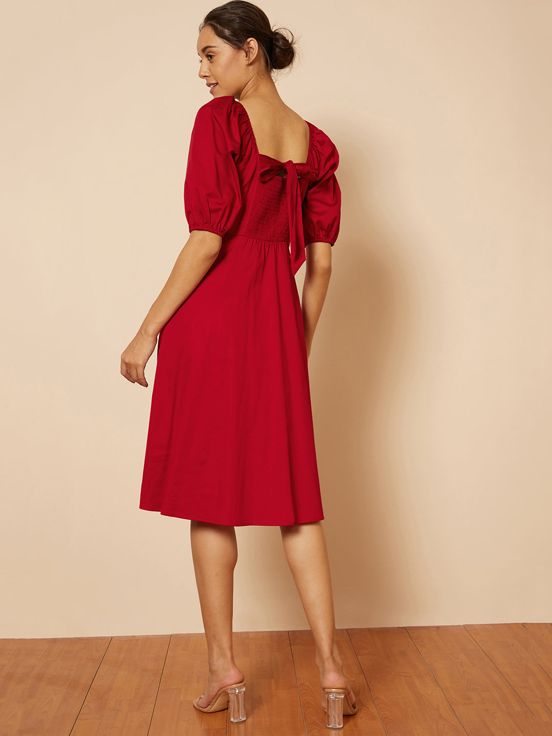 Red Cotton Bow Midi Dress
