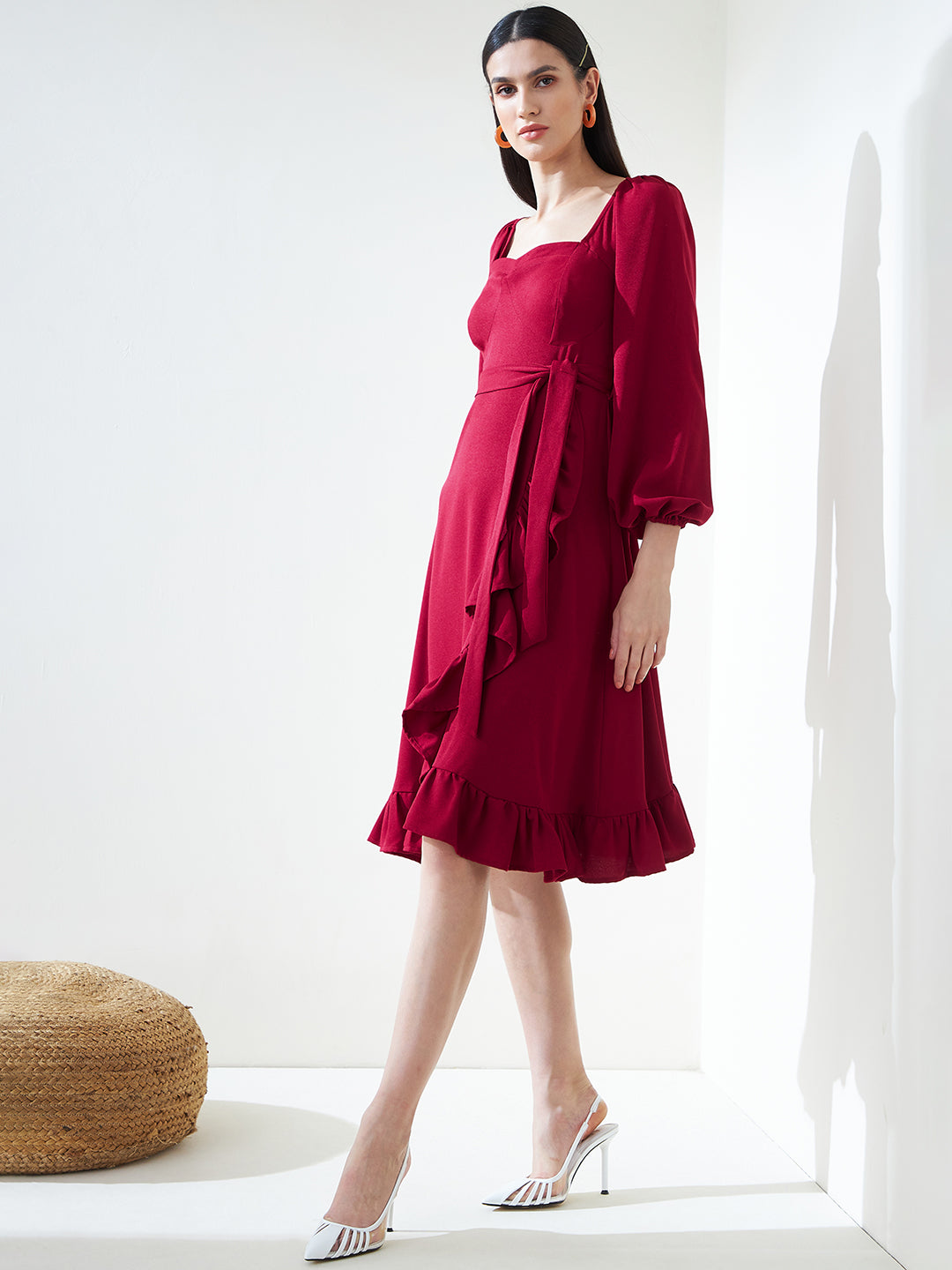 Deep Red Formal Wrap Midi Dress