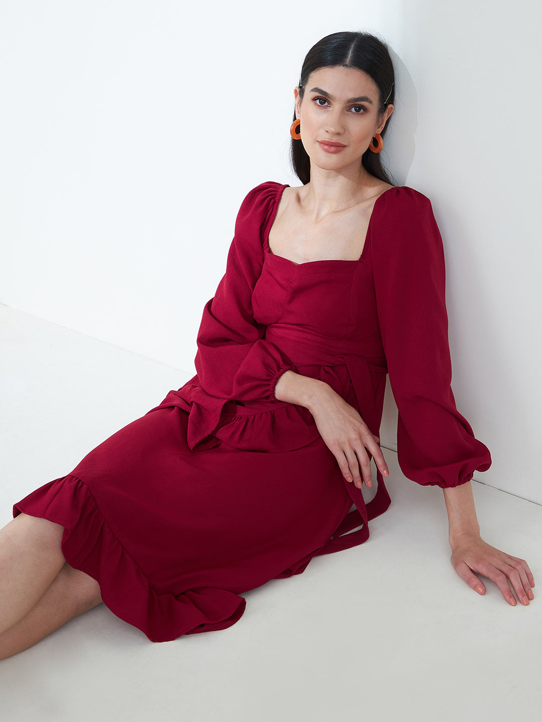 Deep Red Formal Wrap Midi Dress