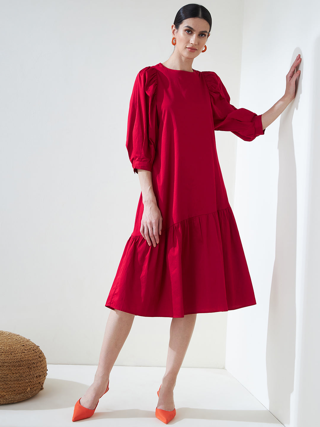 Red Cotton Asymmetric Tiered Midi Dress