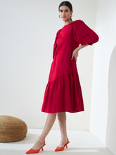 Red Cotton Asymmetric Tiered Midi Dress