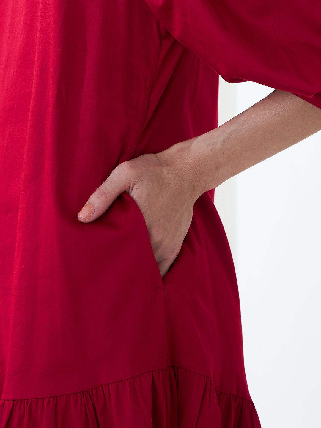 Red Cotton Asymmetric Tiered Midi Dress