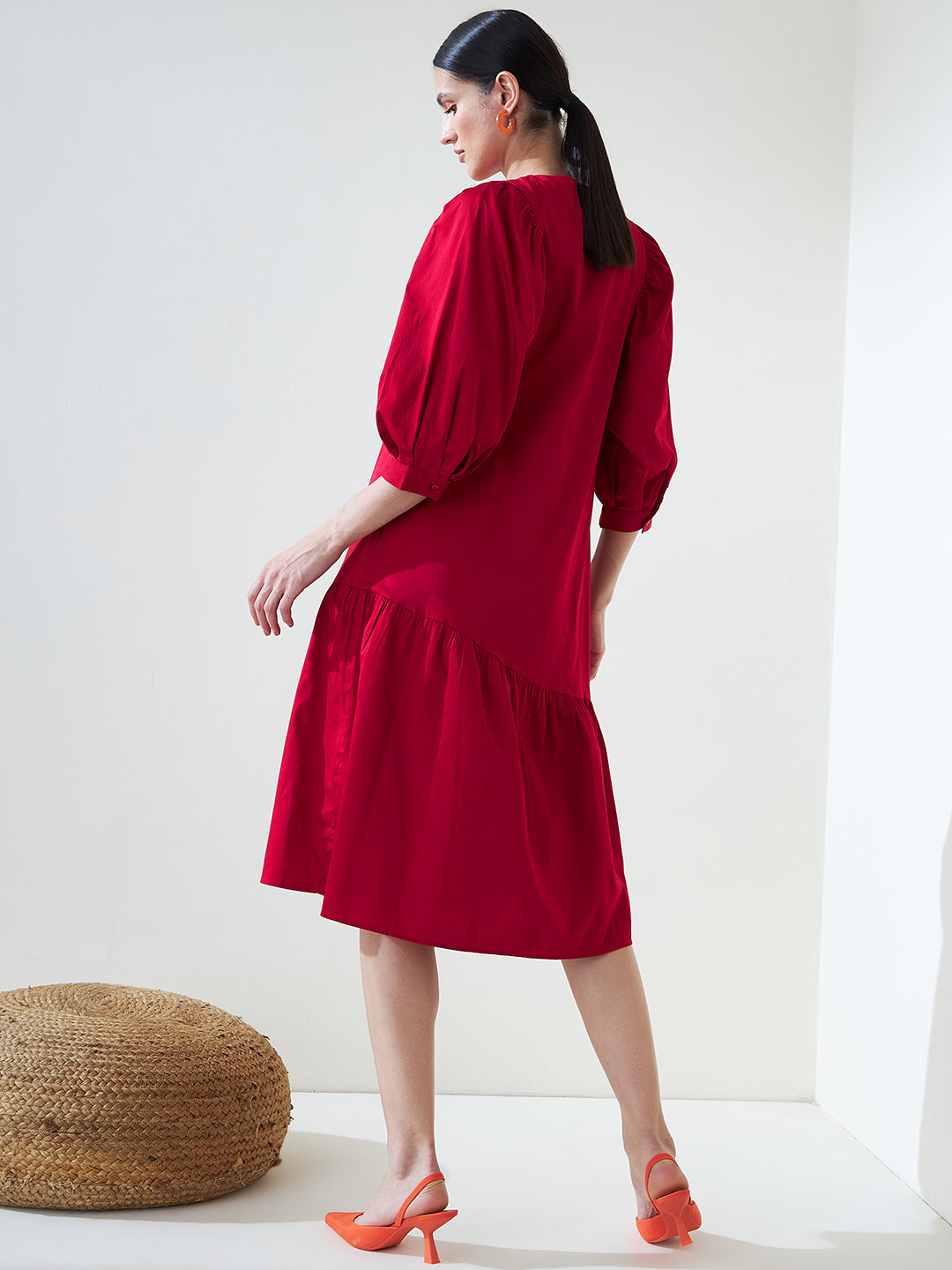 Red Cotton Asymmetric Tiered Midi Dress